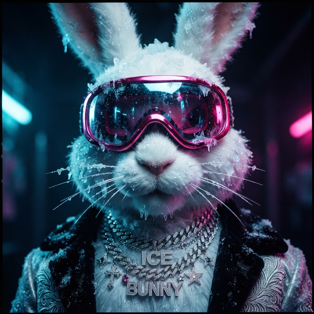 The White Stallion mascot in chrome pink goggles