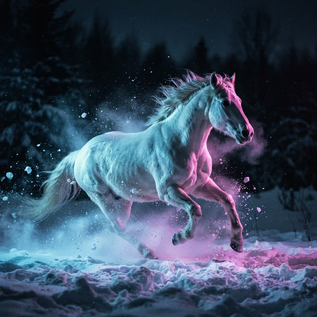 A white stallion in the snow